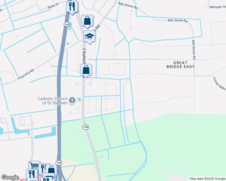 map of restaurants, bars, coffee shops, grocery stores, and more near 1511 Battlefield Boulevard South in Chesapeake