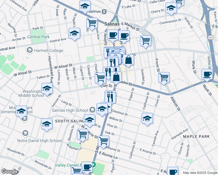map of restaurants, bars, coffee shops, grocery stores, and more near 99 South Main Street in Salinas