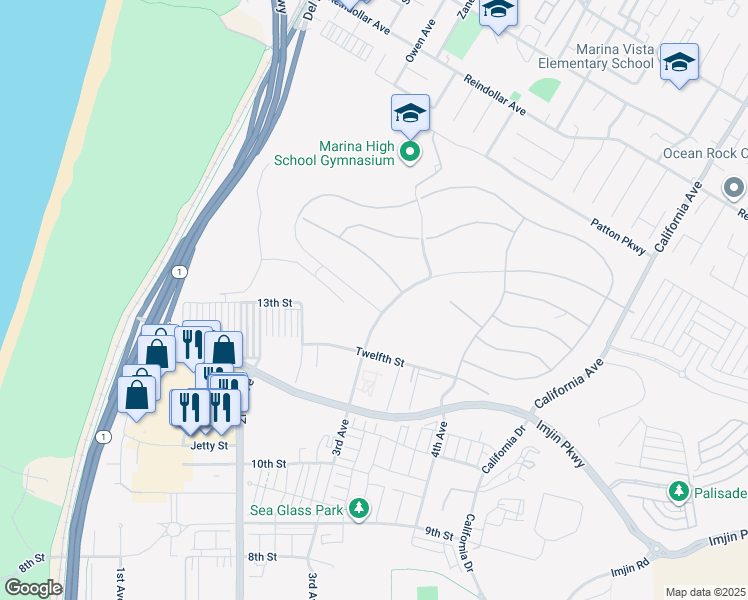 map of restaurants, bars, coffee shops, grocery stores, and more near 204 Hayes Circle in Marina