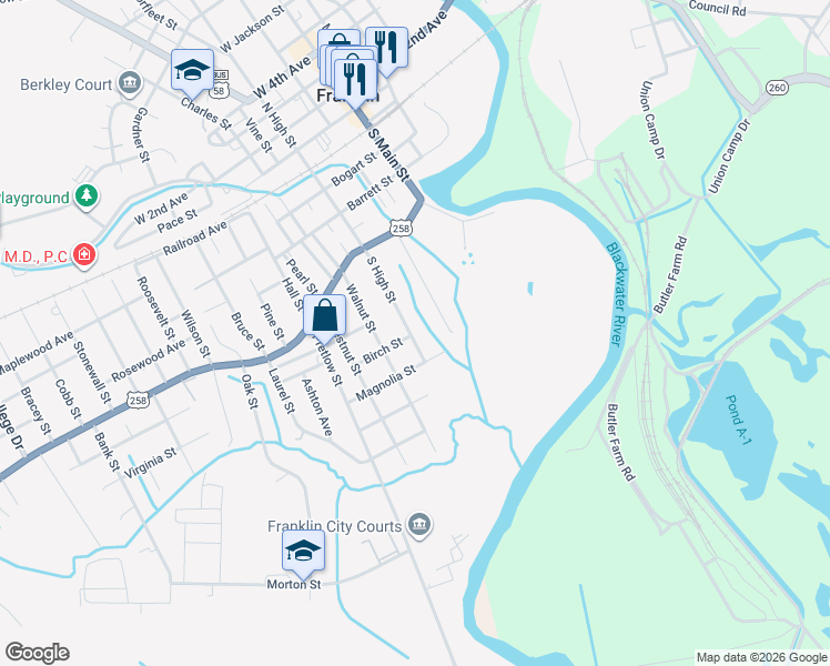map of restaurants, bars, coffee shops, grocery stores, and more near 598 South High Street in Franklin