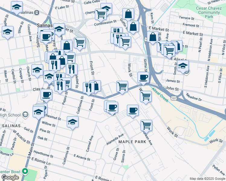 map of restaurants, bars, coffee shops, grocery stores, and more near 35 Spring Street in Salinas