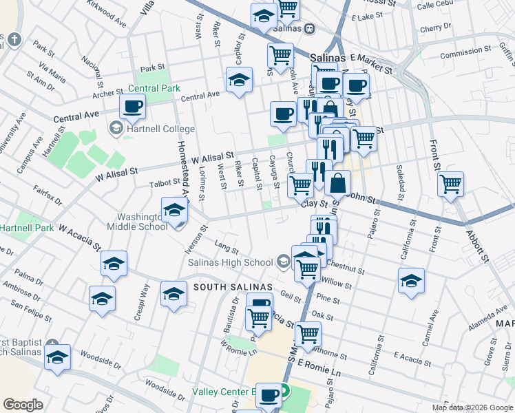 map of restaurants, bars, coffee shops, grocery stores, and more near 417 Riker Street in Salinas