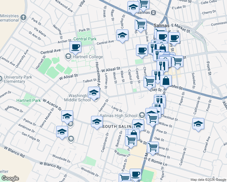 map of restaurants, bars, coffee shops, grocery stores, and more near 410 West Street in Salinas