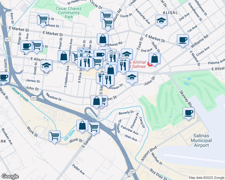 map of restaurants, bars, coffee shops, grocery stores, and more near 2 McGowan Circle in Salinas