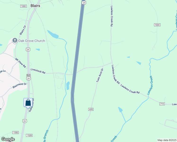 map of restaurants, bars, coffee shops, grocery stores, and more near 732 Livestock Road in Danville
