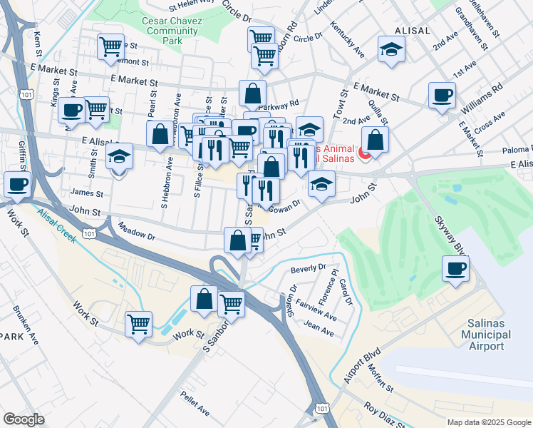 map of restaurants, bars, coffee shops, grocery stores, and more near 2 McGowan Circle in Salinas