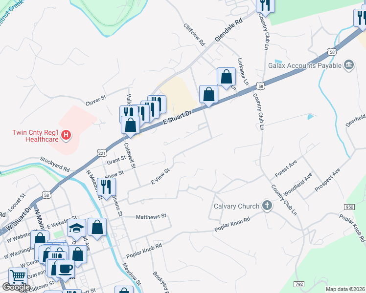 map of restaurants, bars, coffee shops, grocery stores, and more near 160 East View Street in Galax