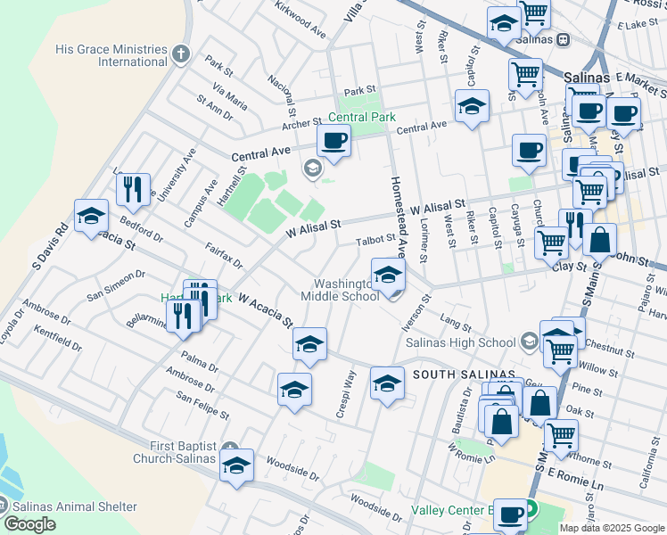 map of restaurants, bars, coffee shops, grocery stores, and more near 329 San Vincente Avenue in Salinas
