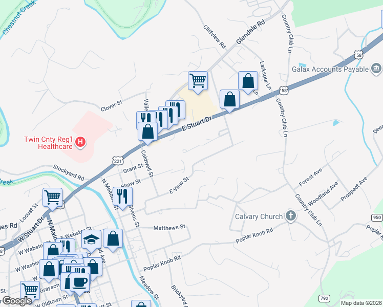 map of restaurants, bars, coffee shops, grocery stores, and more near 128 Wilson Avenue in Galax