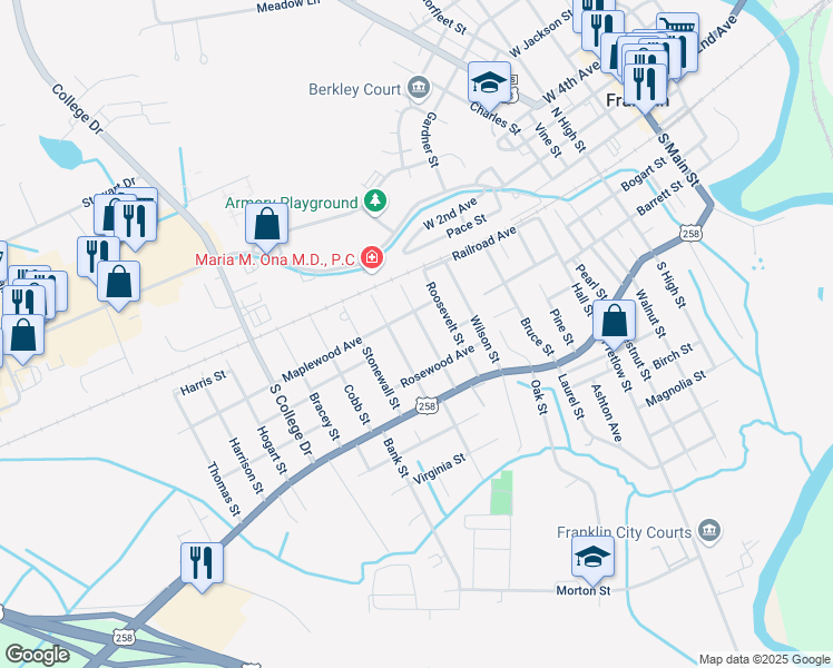 map of restaurants, bars, coffee shops, grocery stores, and more near 312 Madison Street in Franklin
