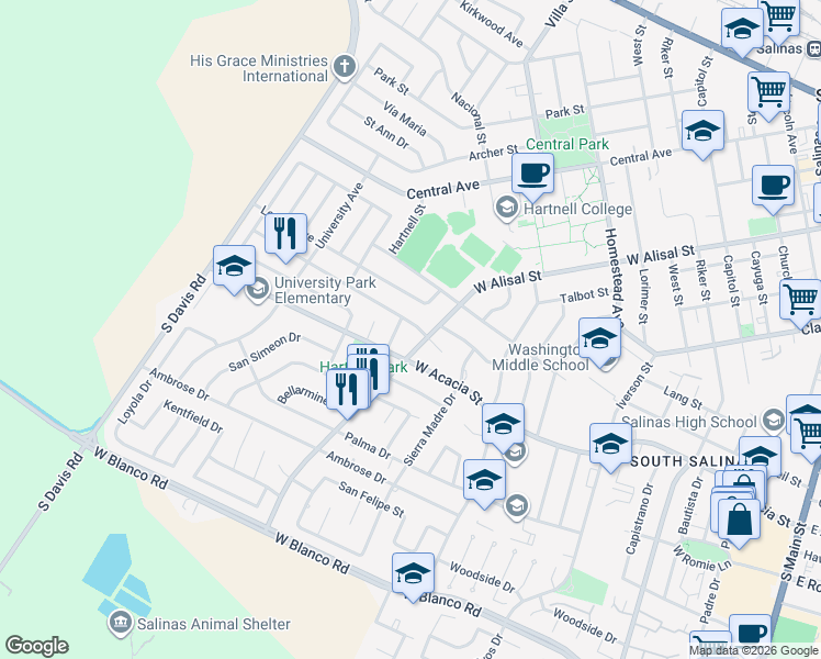 map of restaurants, bars, coffee shops, grocery stores, and more near 717 Fairfax Drive in Salinas