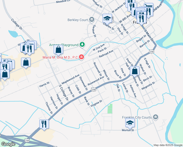 map of restaurants, bars, coffee shops, grocery stores, and more near 312 Madison Street in Franklin
