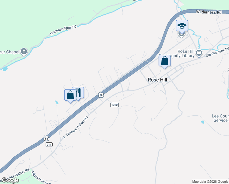 map of restaurants, bars, coffee shops, grocery stores, and more near 5755 U.S. 58 Bus in Rose Hill
