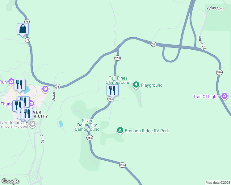 map of restaurants, bars, coffee shops, grocery stores, and more near 5558 Highway 265 in Branson