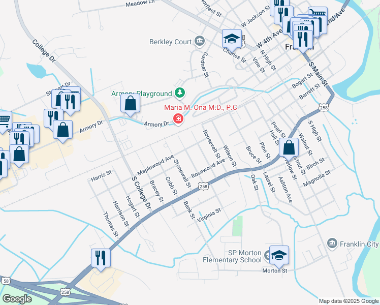 map of restaurants, bars, coffee shops, grocery stores, and more near 303 Washington Street in Franklin