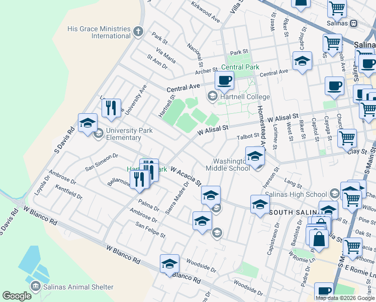 map of restaurants, bars, coffee shops, grocery stores, and more near 622 Santa Paula Drive in Salinas