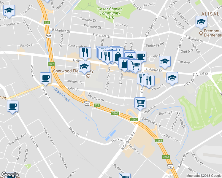 map of restaurants, bars, coffee shops, grocery stores, and more near 18 Tulip Circle in Salinas