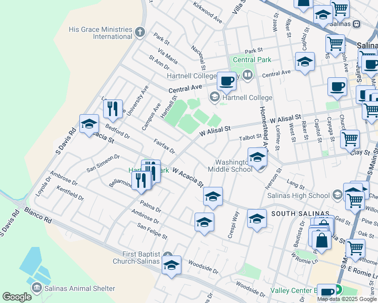 map of restaurants, bars, coffee shops, grocery stores, and more near 622 Santa Paula Drive in Salinas