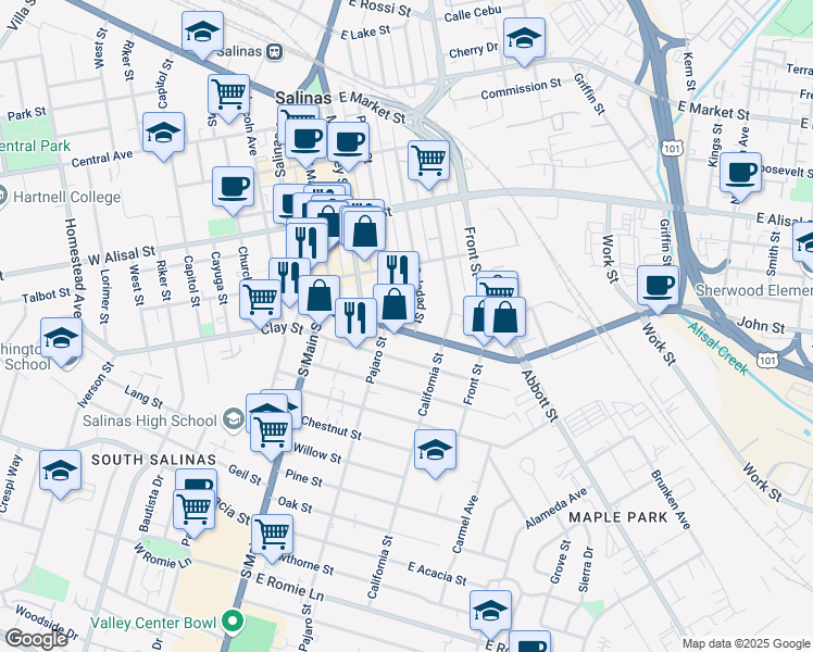 map of restaurants, bars, coffee shops, grocery stores, and more near 115 John Street in Salinas