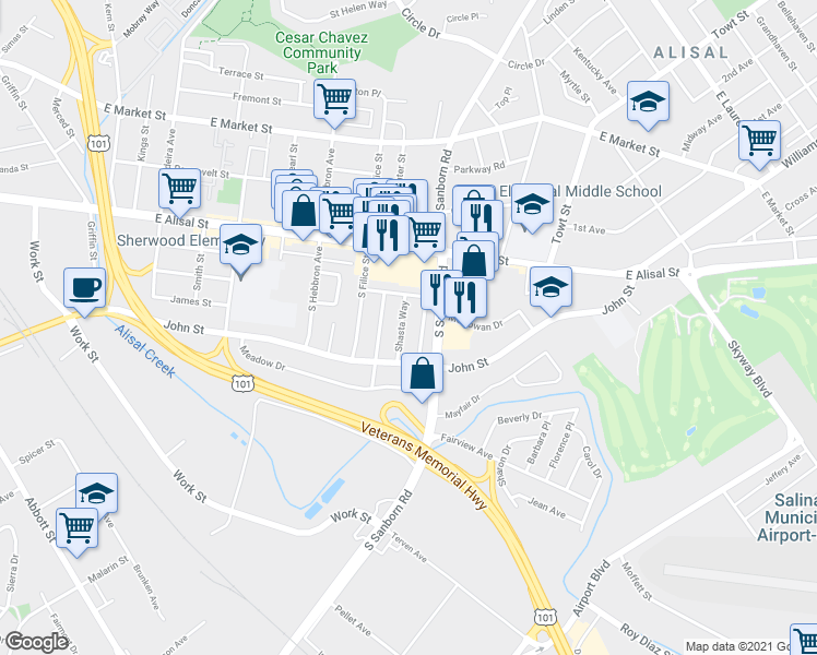 map of restaurants, bars, coffee shops, grocery stores, and more near 67 Shasta Way in Salinas