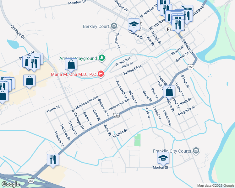 map of restaurants, bars, coffee shops, grocery stores, and more near 313 Madison Street in Franklin