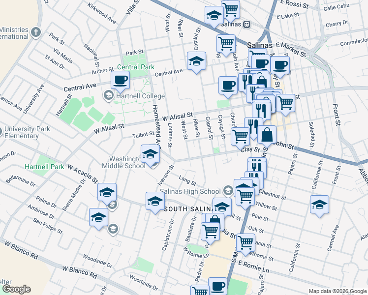 map of restaurants, bars, coffee shops, grocery stores, and more near 410 West Street in Salinas