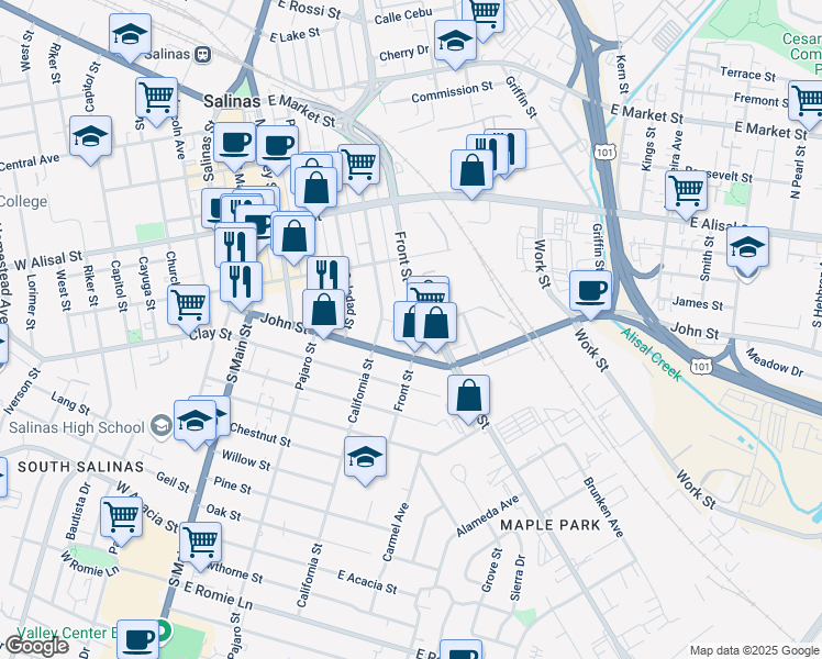 map of restaurants, bars, coffee shops, grocery stores, and more near 470 Front Street in Salinas