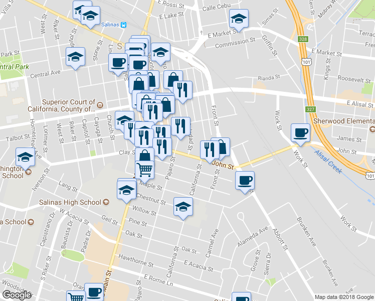 map of restaurants, bars, coffee shops, grocery stores, and more near 115 John Street in Salinas