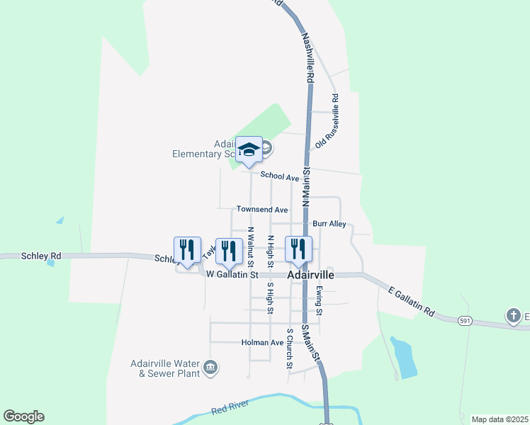 map of restaurants, bars, coffee shops, grocery stores, and more near 417a North High Street in Adairville