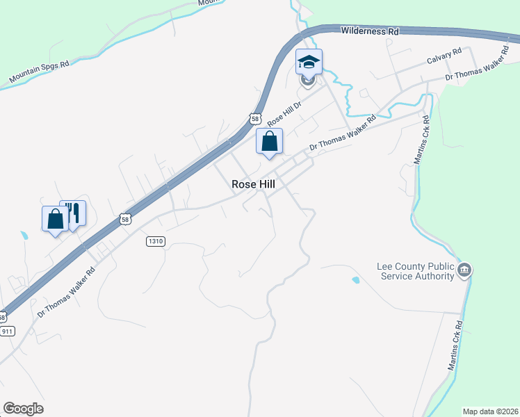 map of restaurants, bars, coffee shops, grocery stores, and more near Stickley Hollow Drive in Rose Hill