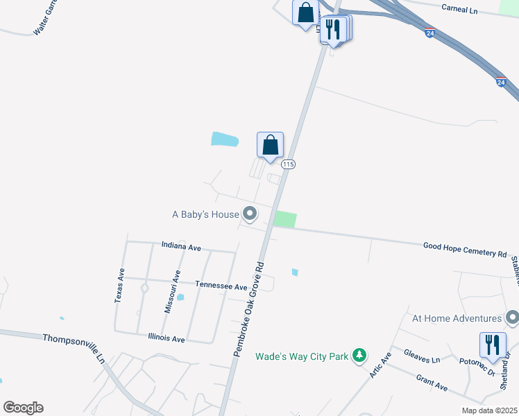 map of restaurants, bars, coffee shops, grocery stores, and more near 121 Man O War Drive in Oak Grove