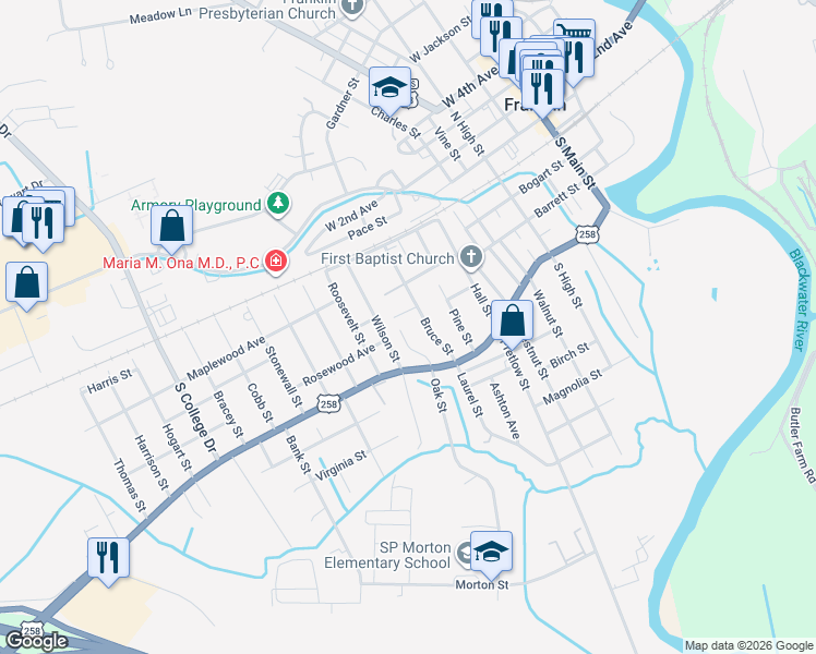 map of restaurants, bars, coffee shops, grocery stores, and more near 136 Langston Court in Franklin