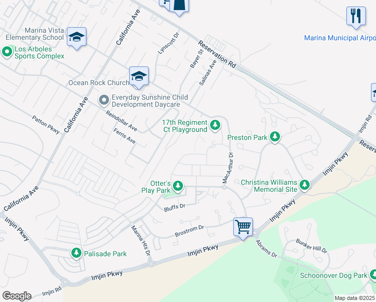 map of restaurants, bars, coffee shops, grocery stores, and more near 3055 El Capitan Drive in Marina