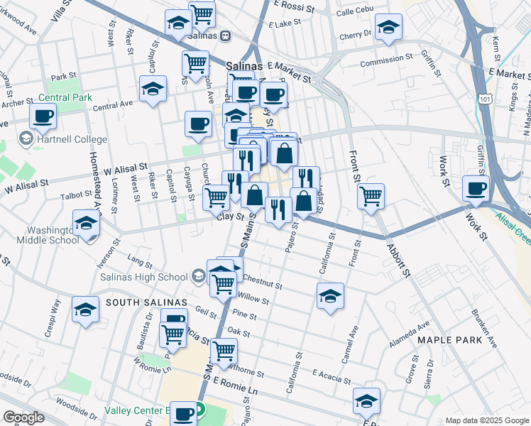 map of restaurants, bars, coffee shops, grocery stores, and more near 517 South Main Street in Salinas