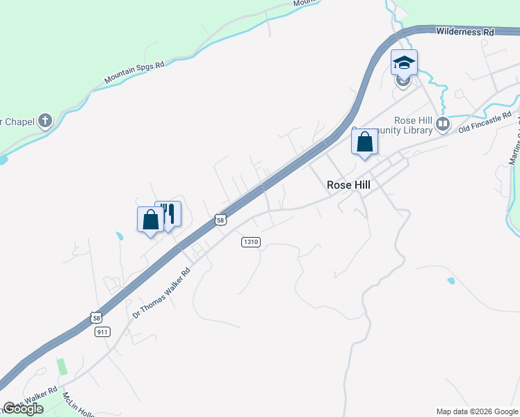 map of restaurants, bars, coffee shops, grocery stores, and more near 5755 U.S. 58 Bus in Rose Hill