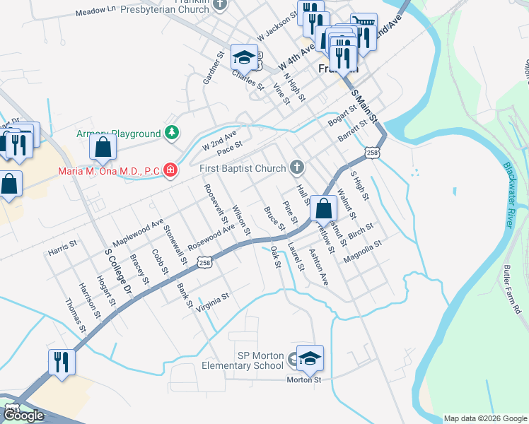 map of restaurants, bars, coffee shops, grocery stores, and more near 136 Langston Court in Franklin