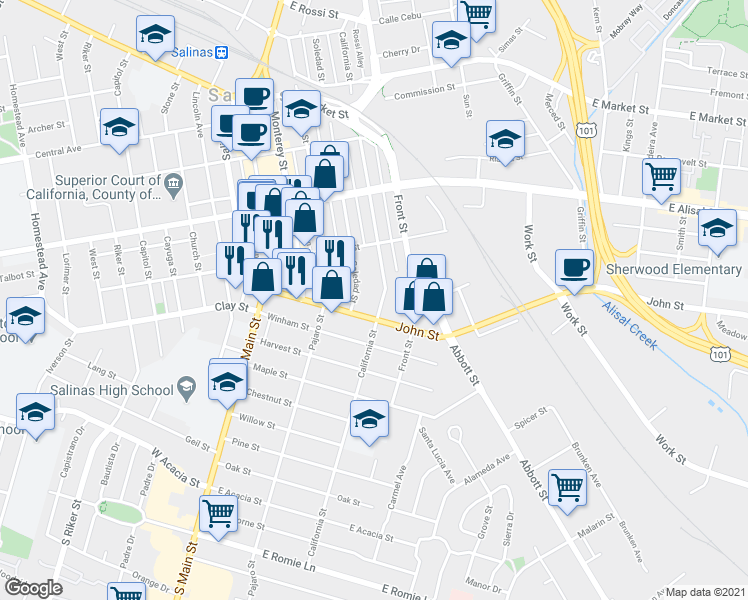 map of restaurants, bars, coffee shops, grocery stores, and more near 460 California Street in Salinas