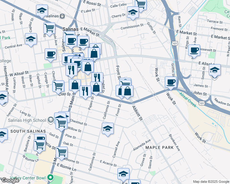 map of restaurants, bars, coffee shops, grocery stores, and more near 460 California Street in Salinas