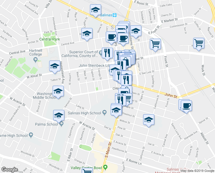 map of restaurants, bars, coffee shops, grocery stores, and more near 134 Clay Street in Salinas