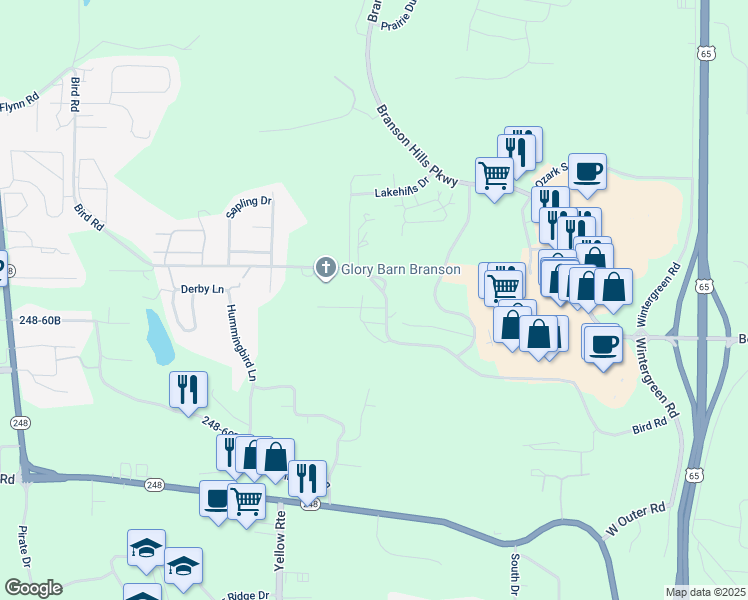 map of restaurants, bars, coffee shops, grocery stores, and more near 1103 Bird Road in Branson
