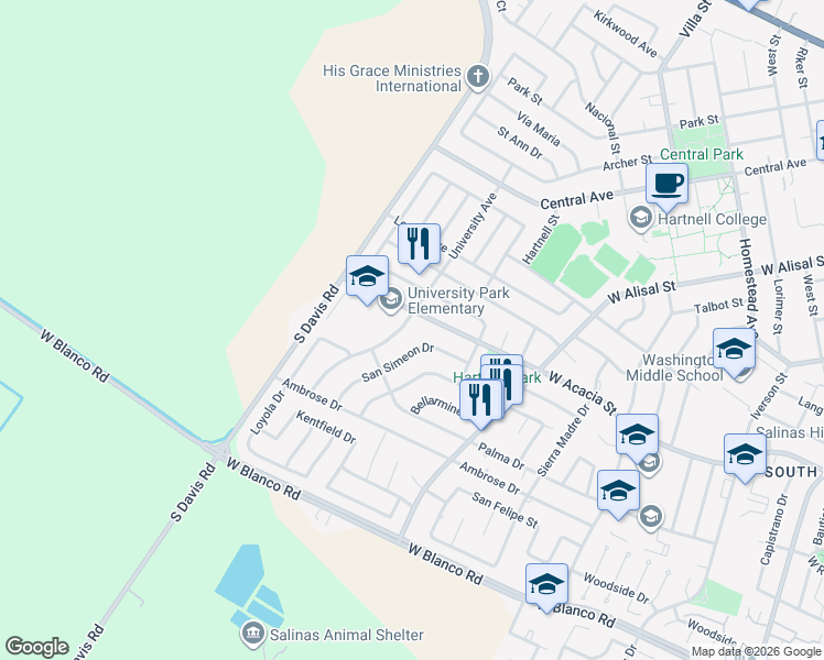map of restaurants, bars, coffee shops, grocery stores, and more near 786 San Simeon Drive in Salinas