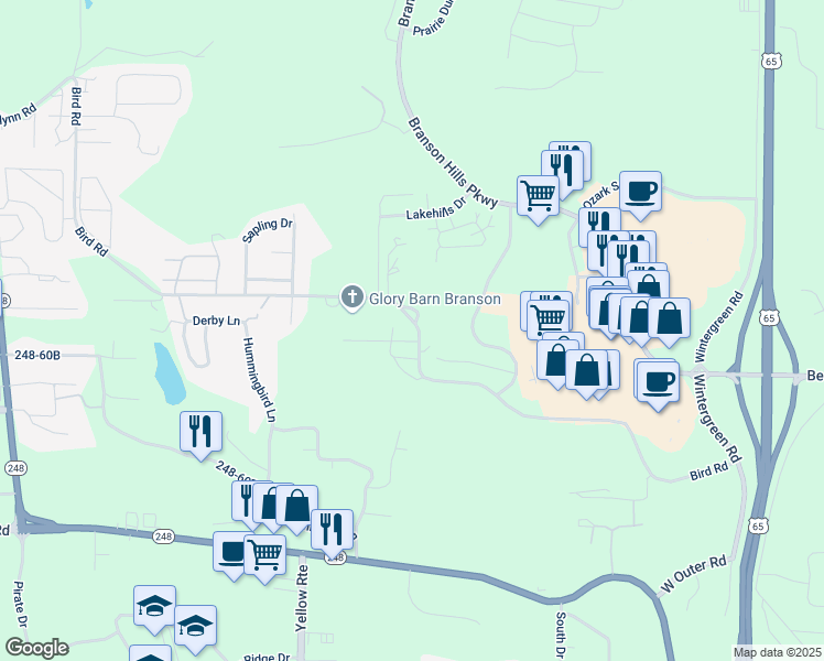 map of restaurants, bars, coffee shops, grocery stores, and more near 1103 Bird Road in Branson