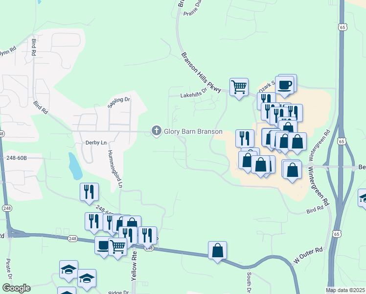 map of restaurants, bars, coffee shops, grocery stores, and more near 1103 Bird Road in Branson