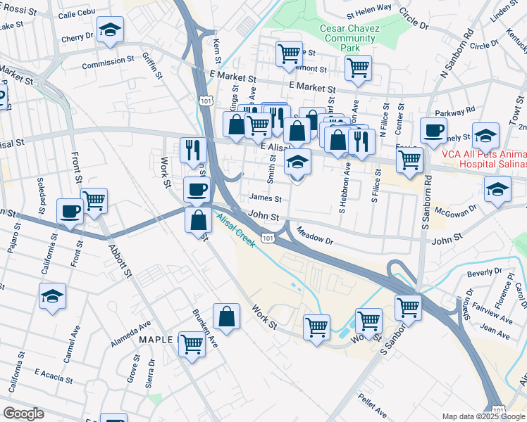 map of restaurants, bars, coffee shops, grocery stores, and more near 543 John Street in Salinas