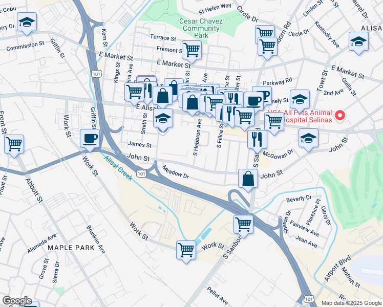 map of restaurants, bars, coffee shops, grocery stores, and more near 655 John Street in Salinas
