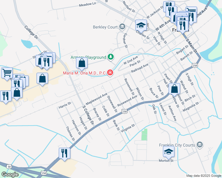 map of restaurants, bars, coffee shops, grocery stores, and more near 303 Washington Street in Franklin