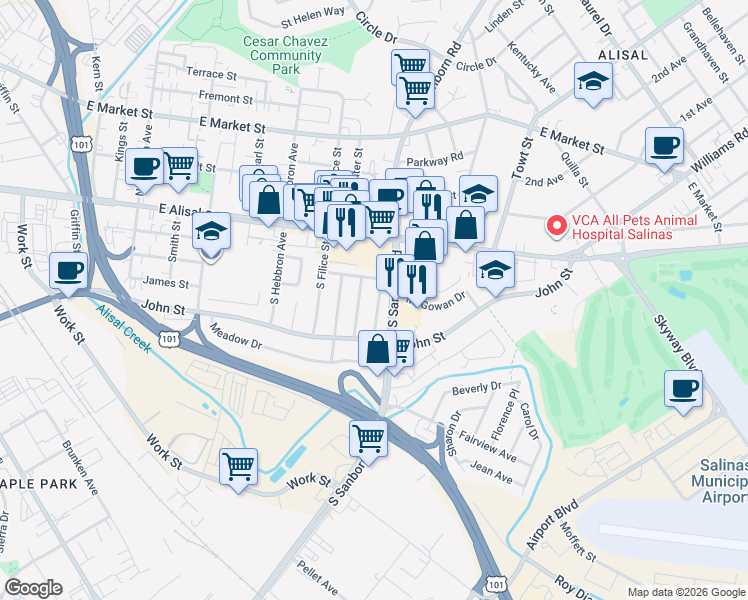 map of restaurants, bars, coffee shops, grocery stores, and more near 67 Shasta Way in Salinas