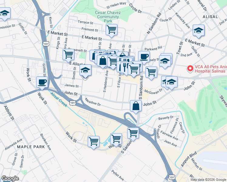 map of restaurants, bars, coffee shops, grocery stores, and more near 18 Tulip Circle in Salinas