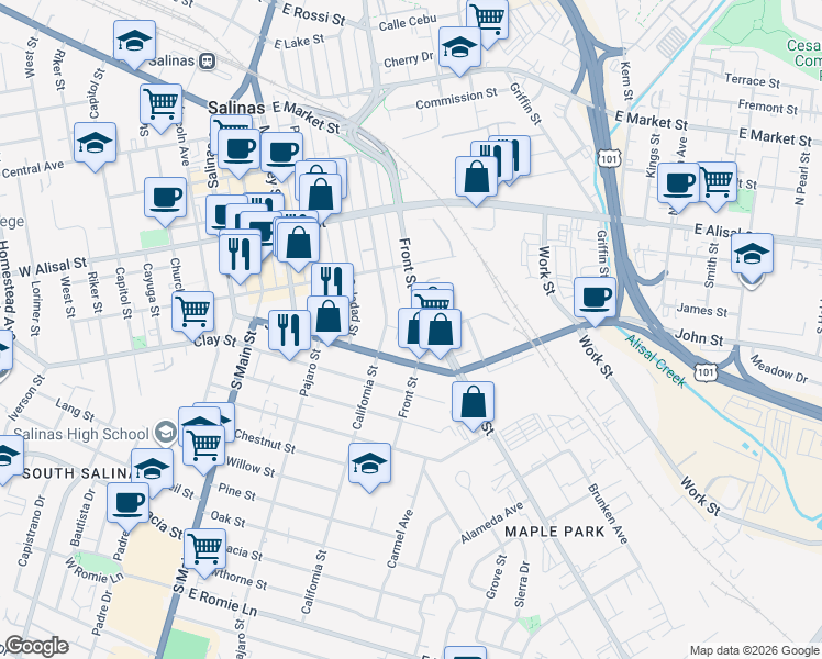 map of restaurants, bars, coffee shops, grocery stores, and more near 470 Front Street in Salinas