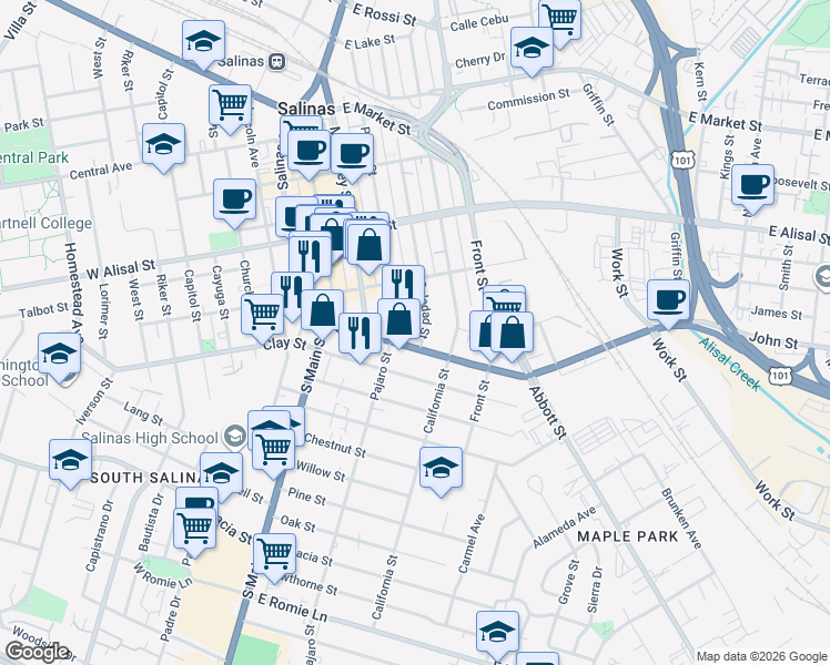 map of restaurants, bars, coffee shops, grocery stores, and more near 115 John Street in Salinas
